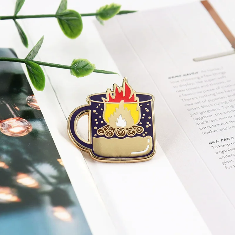 Coffee cup enamel needle burning flame pin outdoor adventure brooch