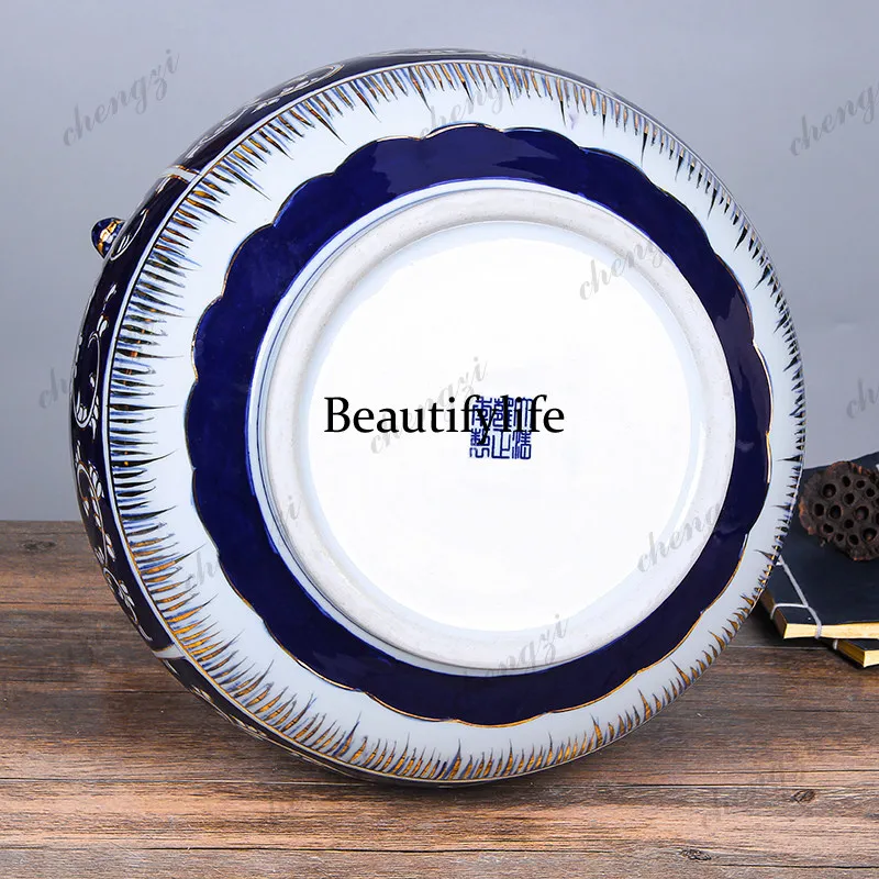 Jingdezhen hand-painted gold-painted blue and white binaural blessing tube ceramics vase home living room decoration ornament