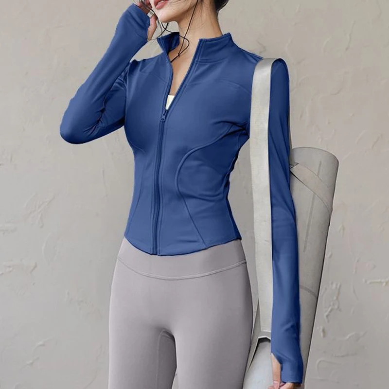 

New Yoga Wear Ladies Coat Round High Elastic Loose Exercise Pilates Tshirts Fitness Long Sleeve Stand-up Collar Yoga Tops