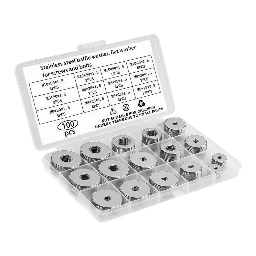 100Pcs/Box 304 Stainless Steel Enlarged Thick Flat Washer Assortment Kit Metric Enlarged Thick Flat Washers For M3-12