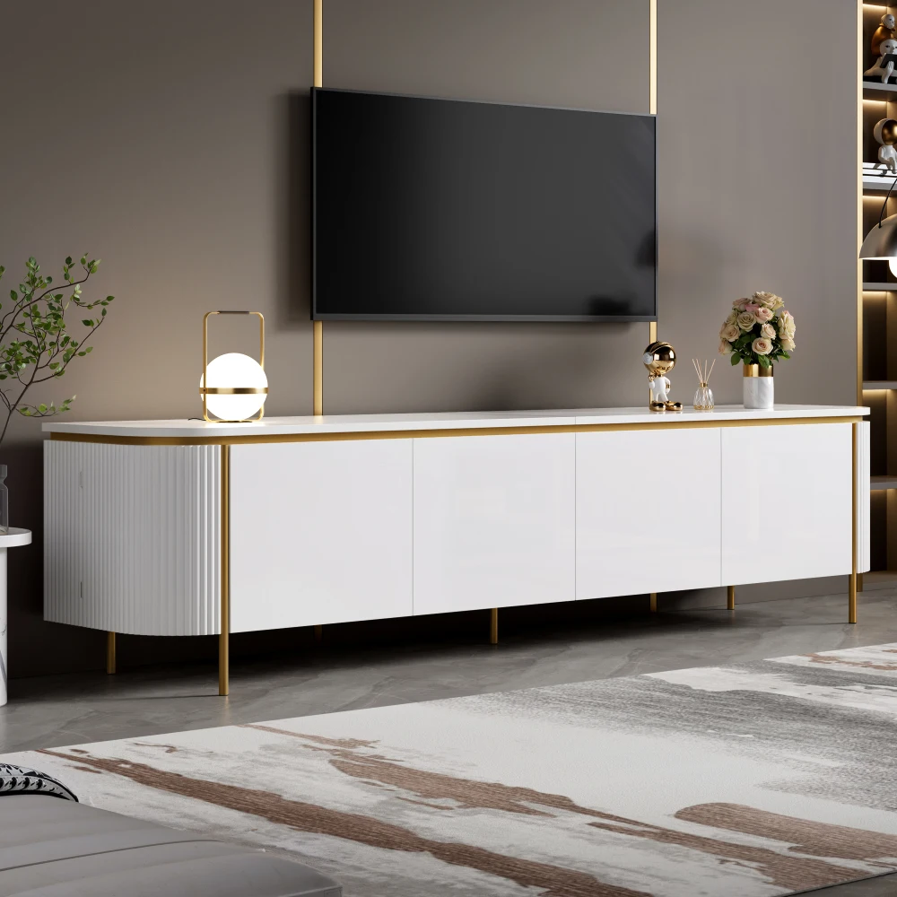 Mobile TV moderno per soggiorno 180x38x46cm, mobile TV con piedini in metallo, 6 ante di stoccaggio, angoli arrotondati, unità console multimediale moderna per arredamento soggiorno.