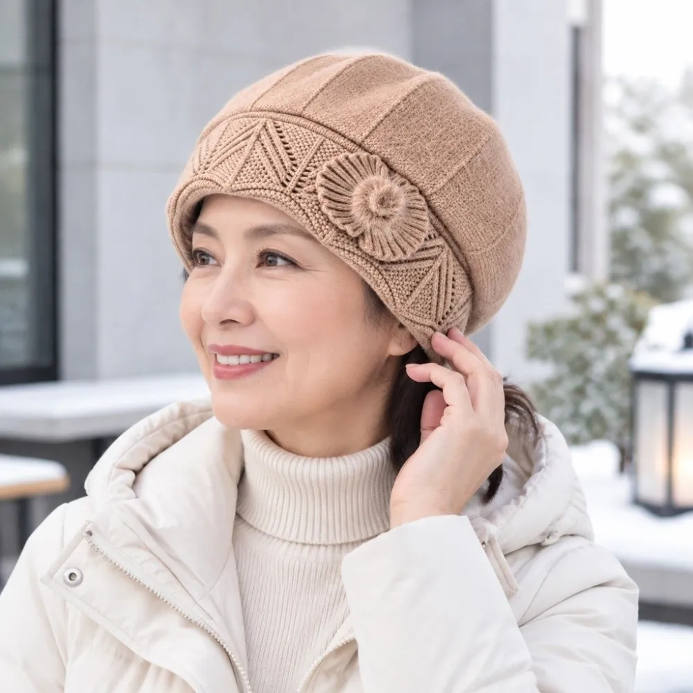 Elastic Knitted Hat Middle Aged Elderly Women Winter Beanie Thick Fleece Warm Cap Cold Weather