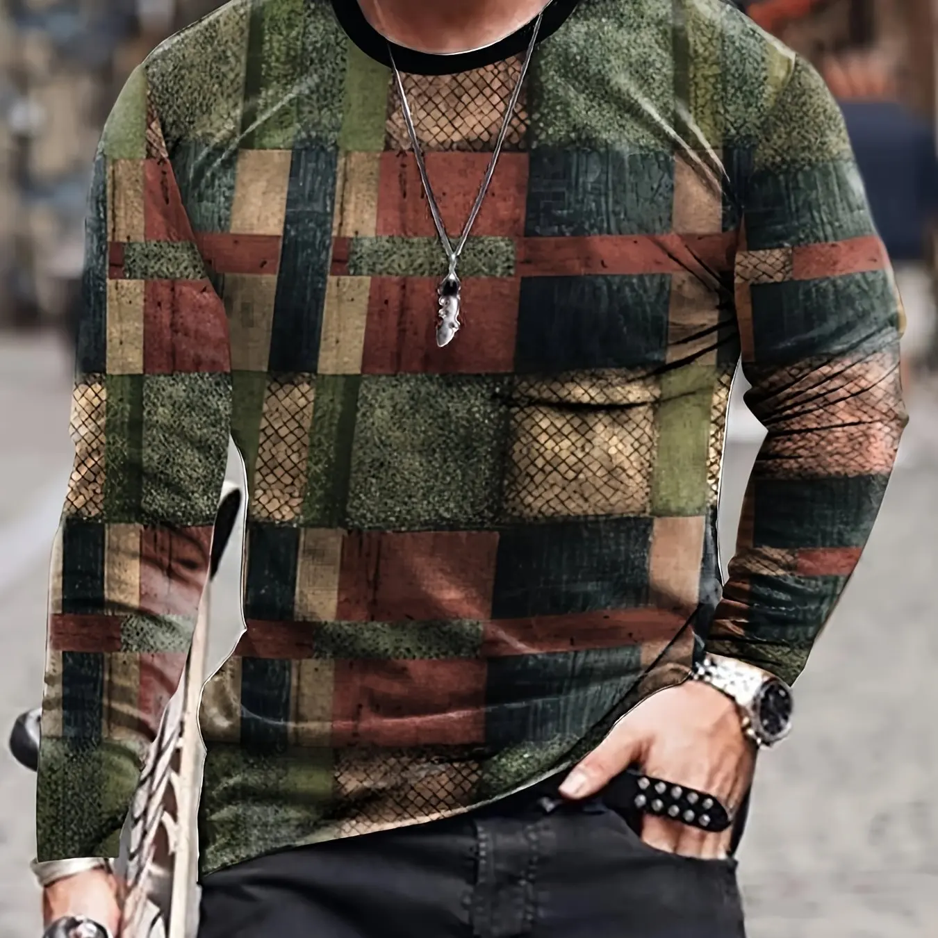 Vintage Men\'s Long Sleeve T-Shirt Patchwork Tees Tops Plaid T-Shirt For Men 3d Striped Printed Clothing Oversized Streetwear 5xl