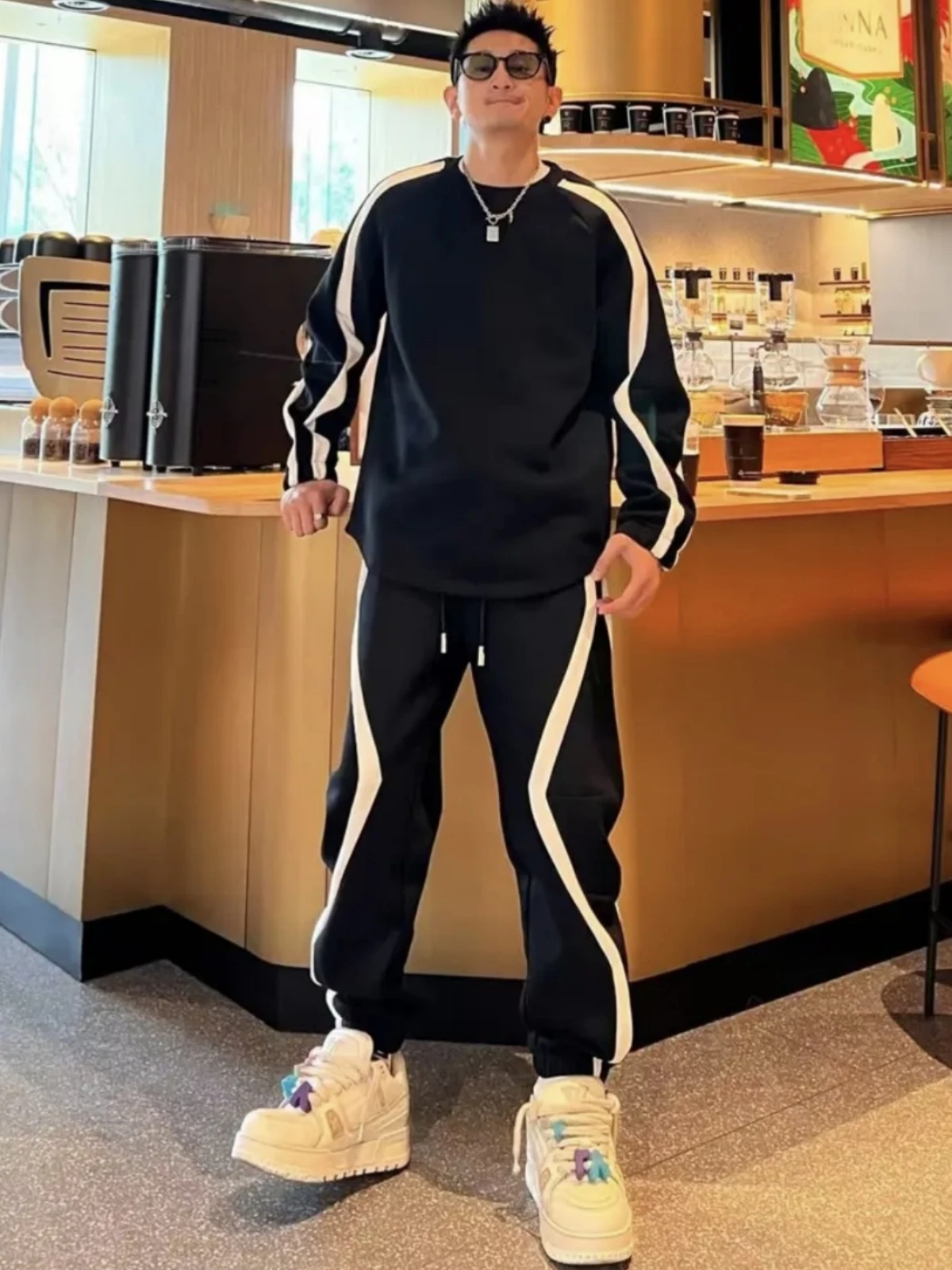 

Fall New American Casual Striped Splicing Sports Suit Faionable All-Match Men's And Women's Hoodie Sweatpants Two-Piece Set