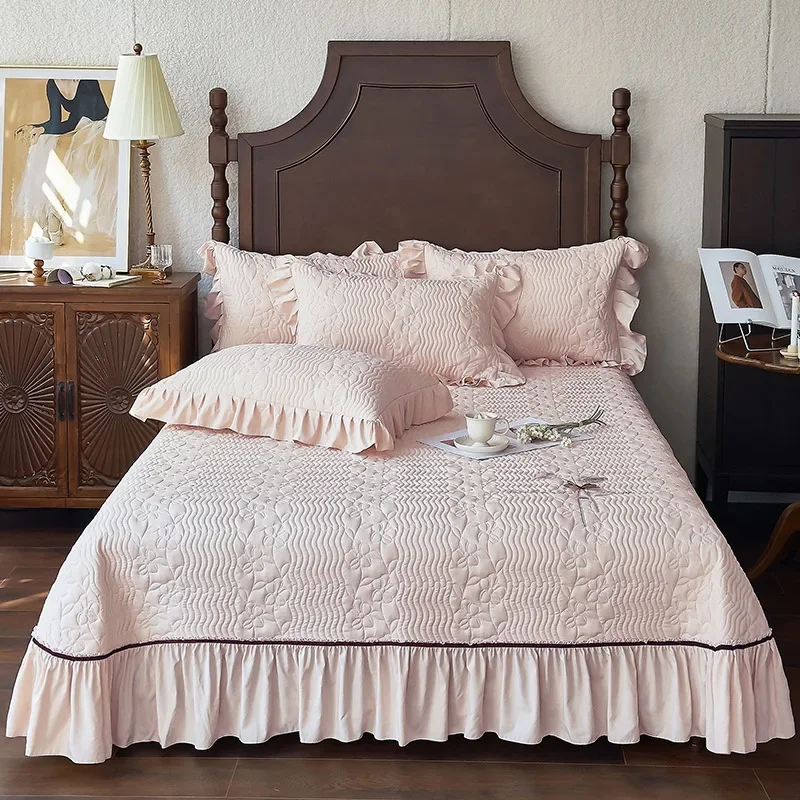 Luxury Sateen Quilted Bedspread with Bed Skirt - Summer Lightweight Comforter 4-Piece Set, Breathable Elegant Bedding Set