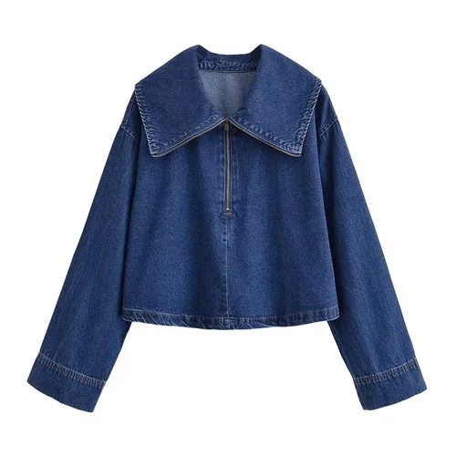 Imagen 2 del producto Camisa vaquera con cremallera y manga larga con cuello informal para mujer, pantalones vaqueros de cintura alta a la moda, novedad de verano