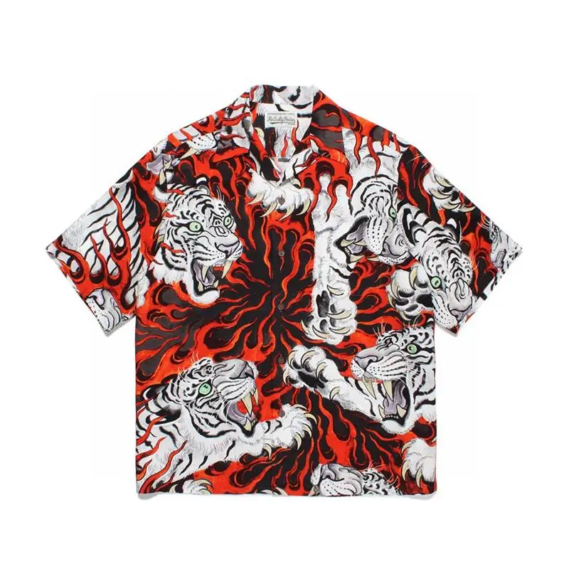 

WACKO MARIA Cuba Collar Short Sleeve Shirt Tiger Print Flame Design Summer Youth Fashion Casual Shirt for Men