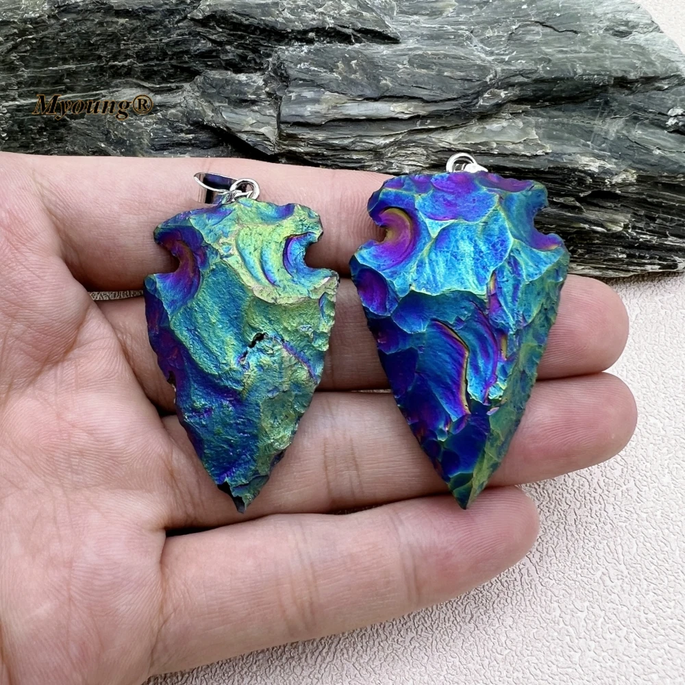 

10PCS Wholesale Rainbow Titanium Plated Natural Stone Indian Agates Arrowhead Necklace Pendant MY230765