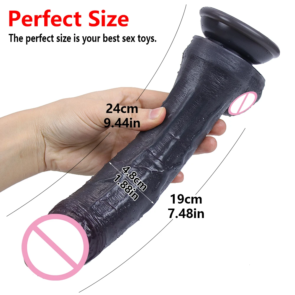 9.4 Inch Black Skin Realistic Dildo with Powerful Suction Cup Huge Penis Sex Toy Flexible G-spot Soft Dick Curved Shaft and Ball