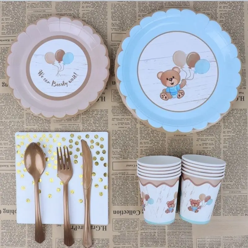 Cartoon Baby Bear Party Plate Cup Tableware Bear 1st Birthday Party Decor Kids Favor Baby Shower Happy Birthday Party Supplies