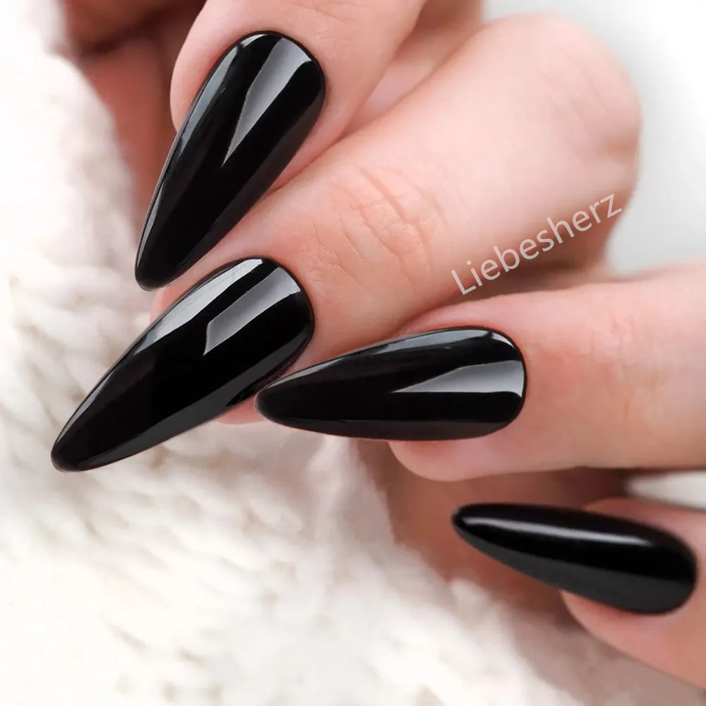 

24Pcs Glossy Black Press On Fake Nails With Glue Sticker Artificial Long Stiletto False Nails DIY Finger Tips Manicure Tool