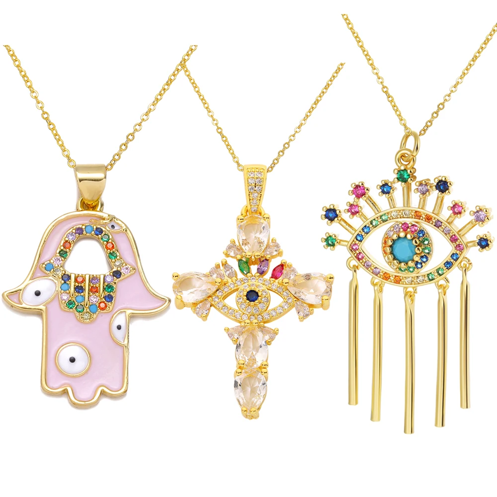 Joya de oro de 18 quilates chapada en oro, con circonita arcoíris y esmalte, colgante de mano de Fátima Hamsa turca griega con ojo turco, collar para mujer