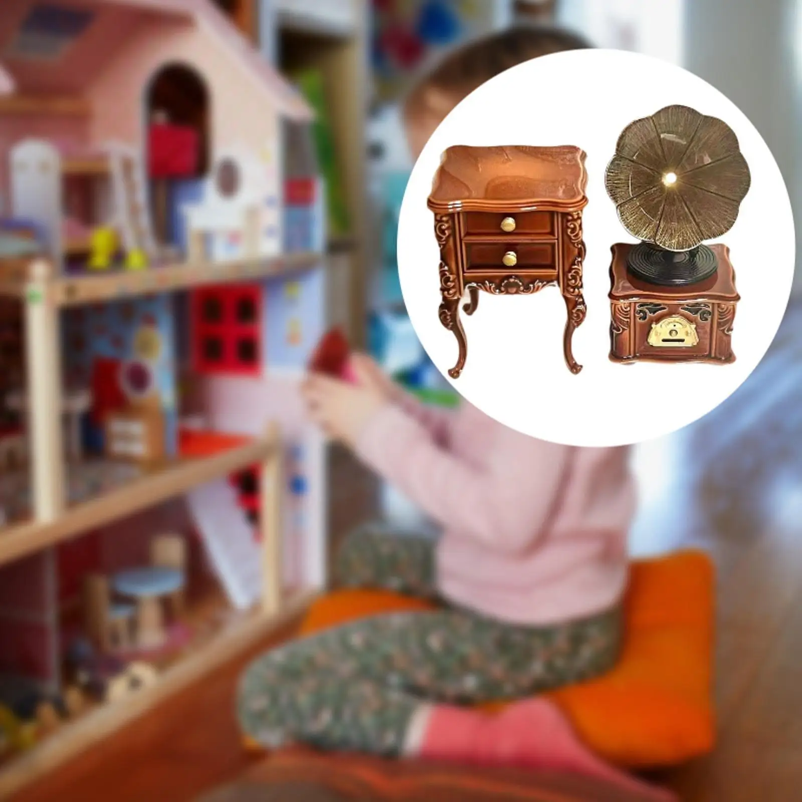 Miniature Gramophone 1:12 Scale with Cabinet Retro for Micro Landscape Decor