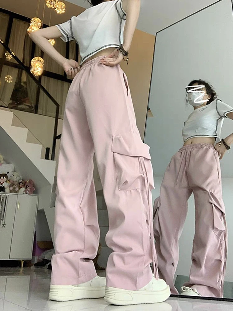 Luźne spodnie Cargo z wysokim stanem Y2K duże odzież uliczna z kieszeniami spodnie studenckie luźne jesienne koreańskie spodnie jednolity, damski