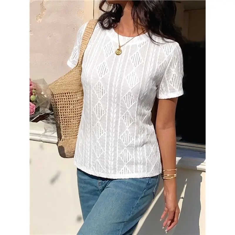 NEW-Women's Jacquard Fabric Back Knot Cut Out Short Sleeve Crew Neck T-Shirt