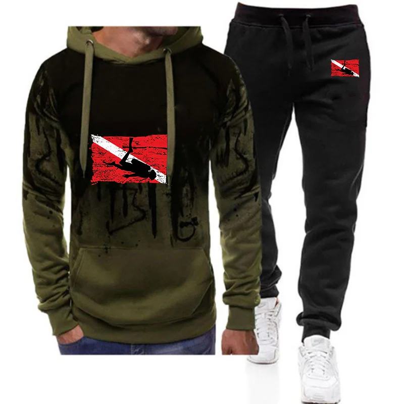 2026 Spring Autumn Scuba Diving Diver Print Men's New Casual Comfortable Pullover Hoodies+Pant Gradient Color Two Pieces Suit