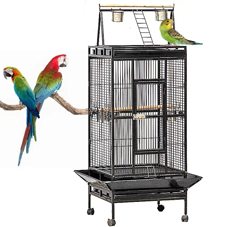 YOELLEN Wholesale Low Price Luxury Large Space Black Stainless Steel Metal Iron Parrot Canary Parrot Pet Bird Cage with Wheels