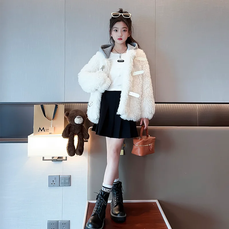 

Girls' Autumn Winter Hooded Coat 2025 New Style Thickened Faux Fur Top for Medium Large Kids Winter Warmth Trendy Clothing