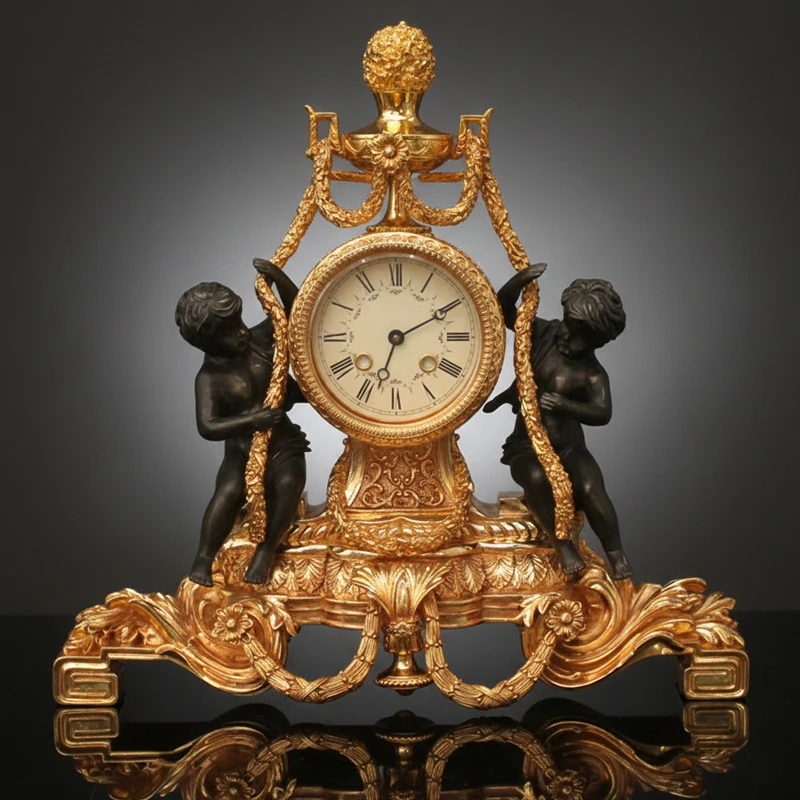 Vintage French Bronze Table Clock Golden Flower Wreath Puti Sculpture Table Clock Ormolo Flower Wreath Table Clock