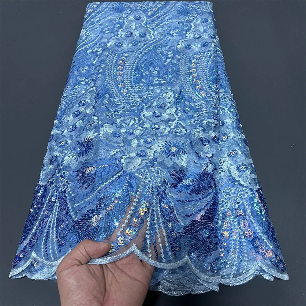 

2025 Высококачественная вышивка в африканском нигерийском стиле с блестками, тюль, кружевная ткань, сетчатая ткань для шитья, платья для выпускного вечера, бусы, 5 ярдов, ZJ052
