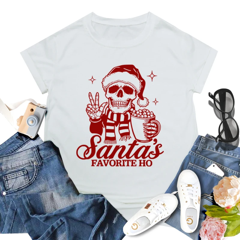 Santa's Favorite Ho Classic T-shirts Christmas Gift for Women Skull Santa Claus Fashion Casual Tops Funny Holiday Party T-shirt