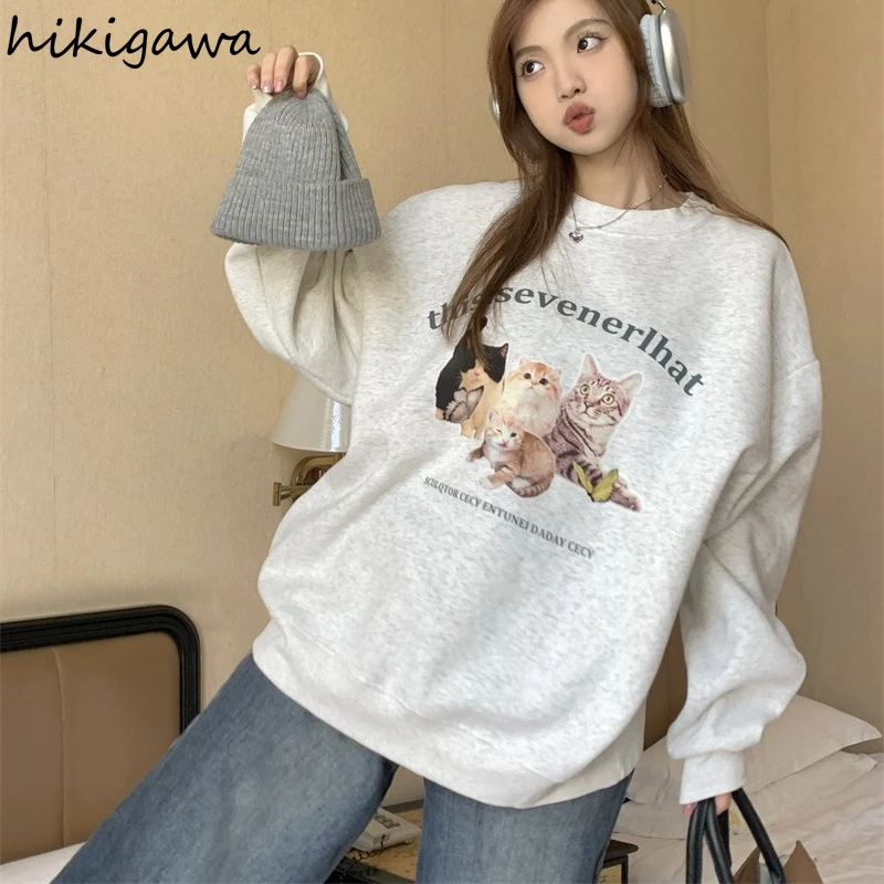 Streetwear Women Hoodie Vintage Cat Print Long Sleeve O-neck Sweatshirt Casual Fashion Korean Hoodies Y2k Tops 2024 Ropa Mujer