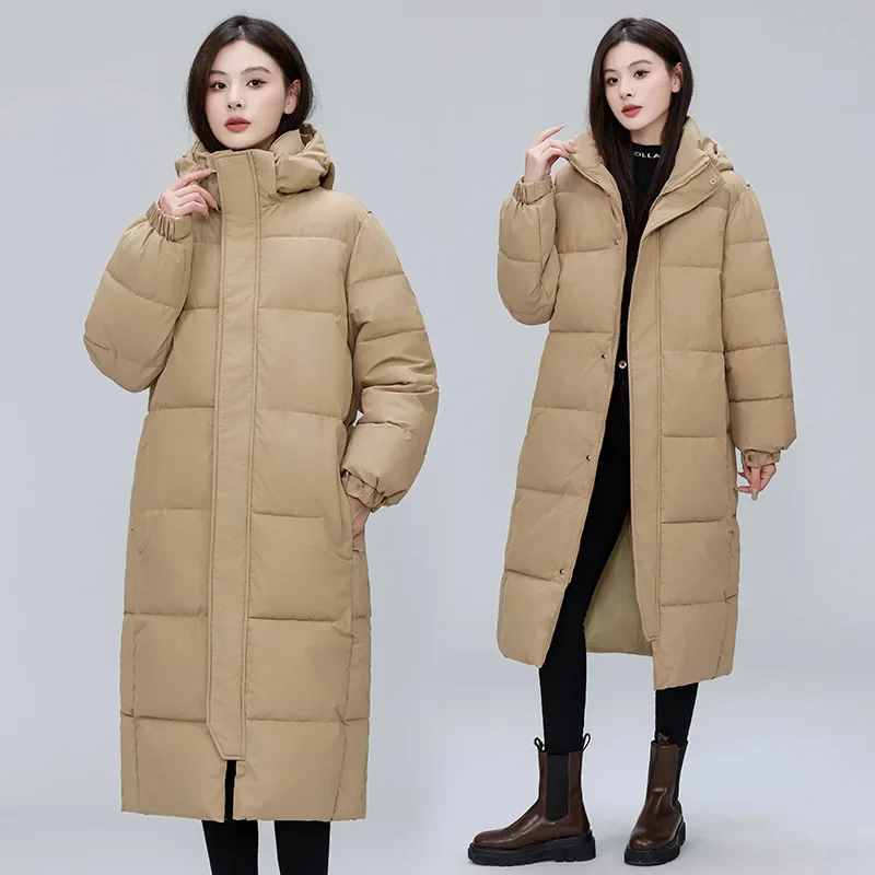 Women Parkas Hooded Thick Long Coats Loose Casual Long Sleeve Solid Zipper Splice Straight Parka Pockets High Street Outerwear