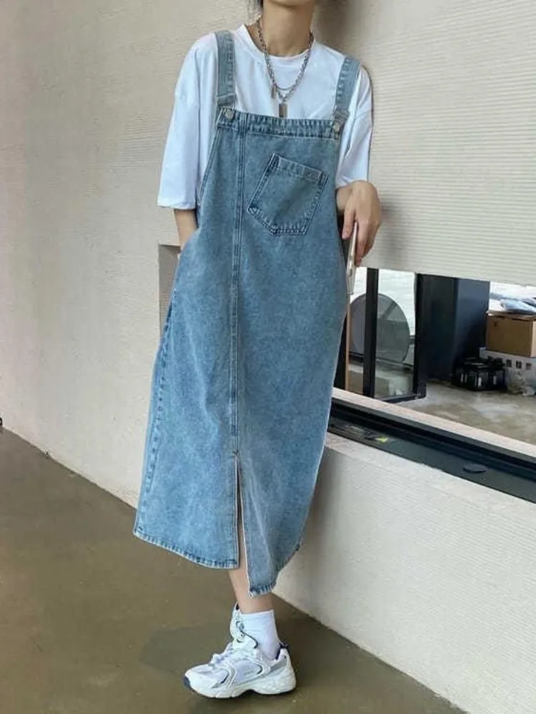Denim Pinafore Dress‌ Spring Summer Blue Denim Jumper Dress Sleeveless Jeans Overalls Dresses with Pockets Casual Korean Style