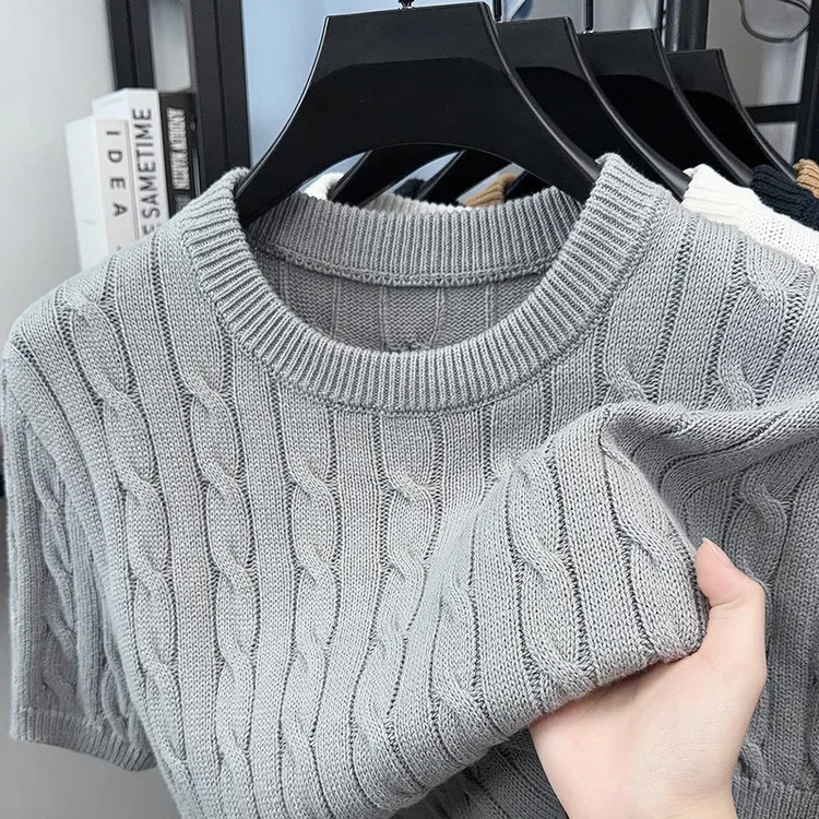 Herren-Kabelstrick-T-Shirt mit kurzen Ärmeln, 100 % Baumwolle, Rundhalsausschnitt, lässig, einfarbig, Sommer-Strick-T-Shirt – Detail 22