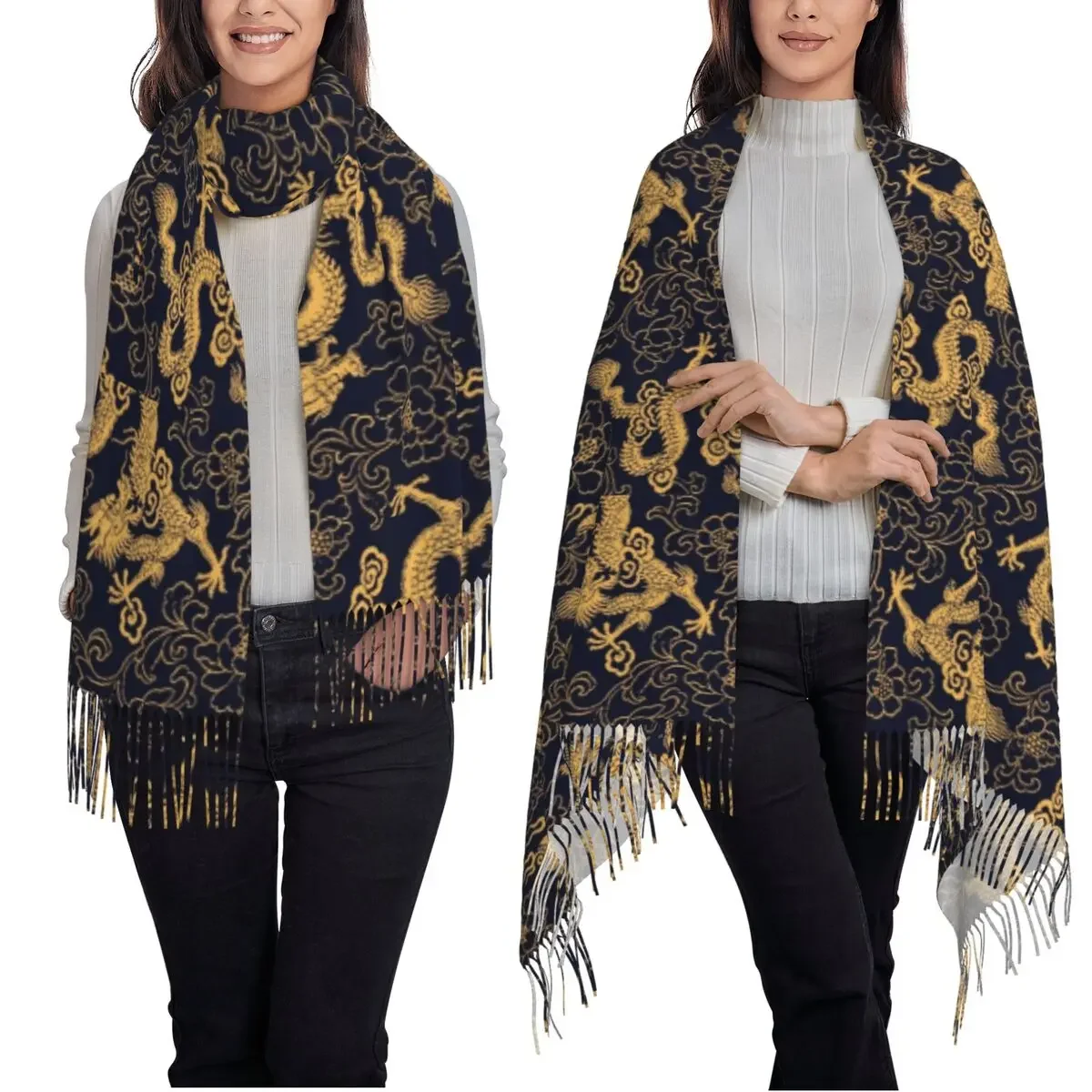 الصينية التقليدية الذهبي التنين وشاح شرابة الأوشحة النساء شالات دافئة لينة ويلتف كبير الخريف الشتاء شال التفاف #2