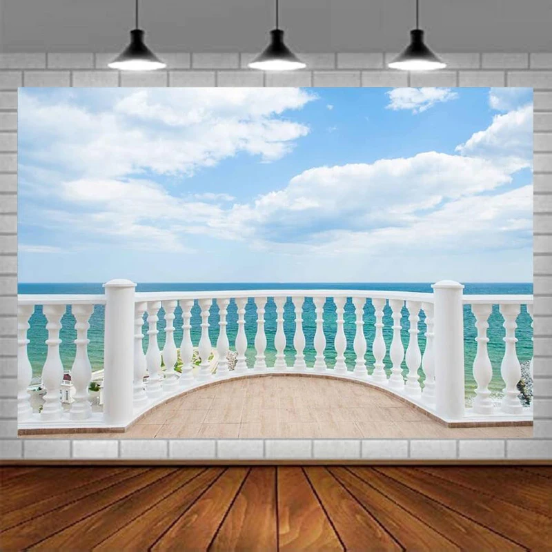 Photography Backdrop Blue Sea Ocean Balcony Landscape Background Blue Sky White Cloud Nature Scenery Scenic Outdoor Photo Studio