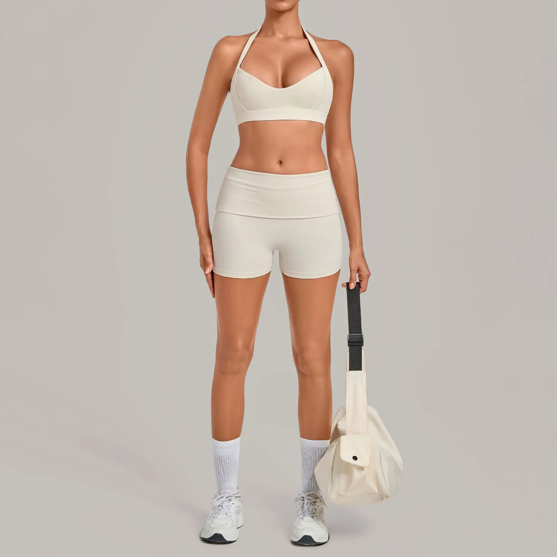 Women Yoga Set 2 Piece Fitness Suit Gym Outfits Workout Tracksuit Halter Padded Sports Bra Fold Waist Shorts Running Sportswear