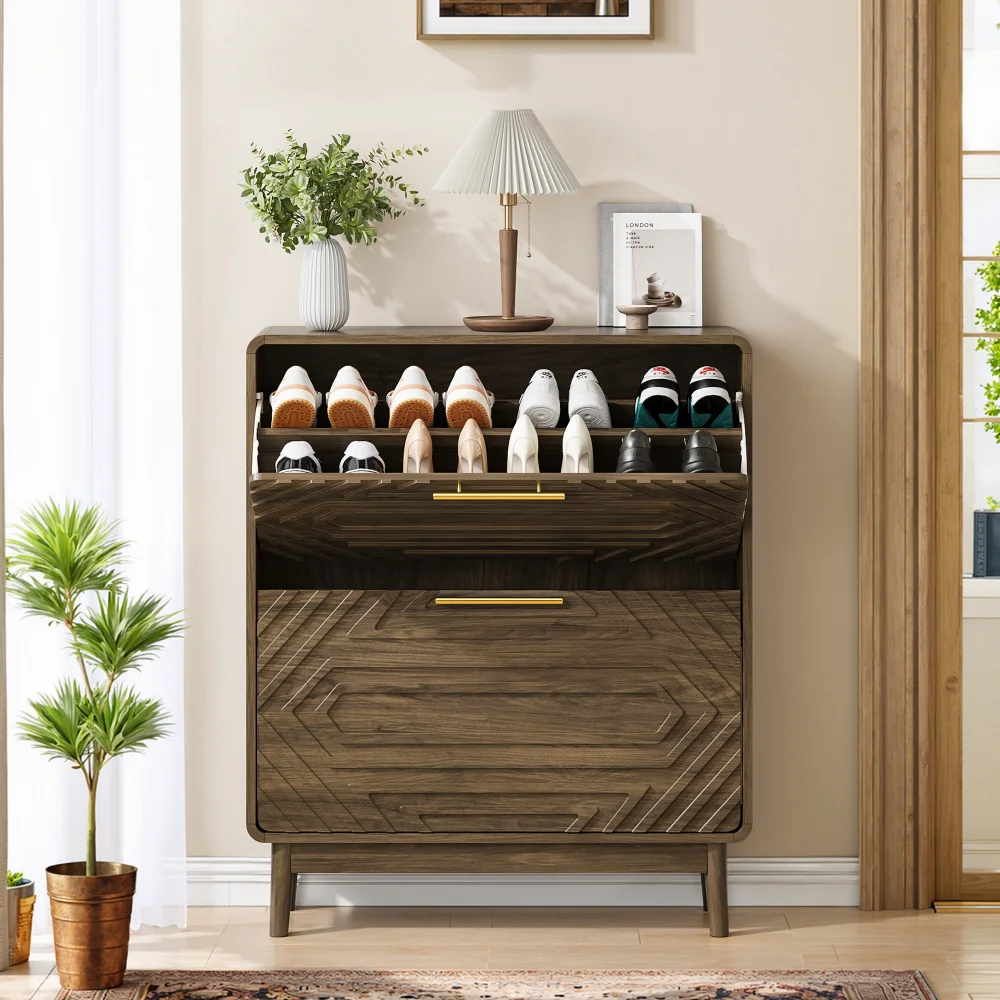 Slim Entryway Shoe Storage Cabinet, Farmhouse Style Shoe Organizer with 2 Flip Drawers & Bottom Open Rack, Adjustable Divider, Anti-tipping Device, MDF Shoe Cabinet for Home Decor