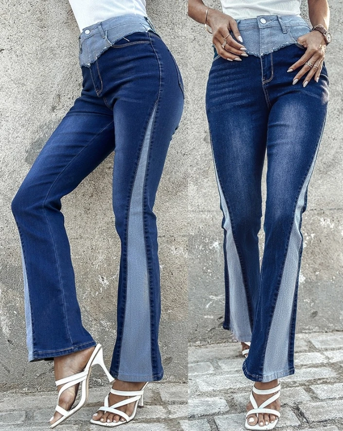 

Daily Commuting Lared Jeans 2024 for Women Spring Summer Colorblock Pocket Design Denim Flared Pants Female Trouser Bottom