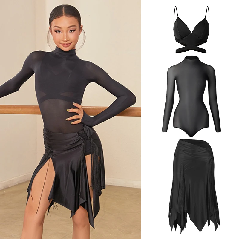 

ZYM Latin Dance Costume Girls Performance Clothing Mesh Tops Slit Irregular Skirt Black Competition Dresses Cha Cha Rumba V24807