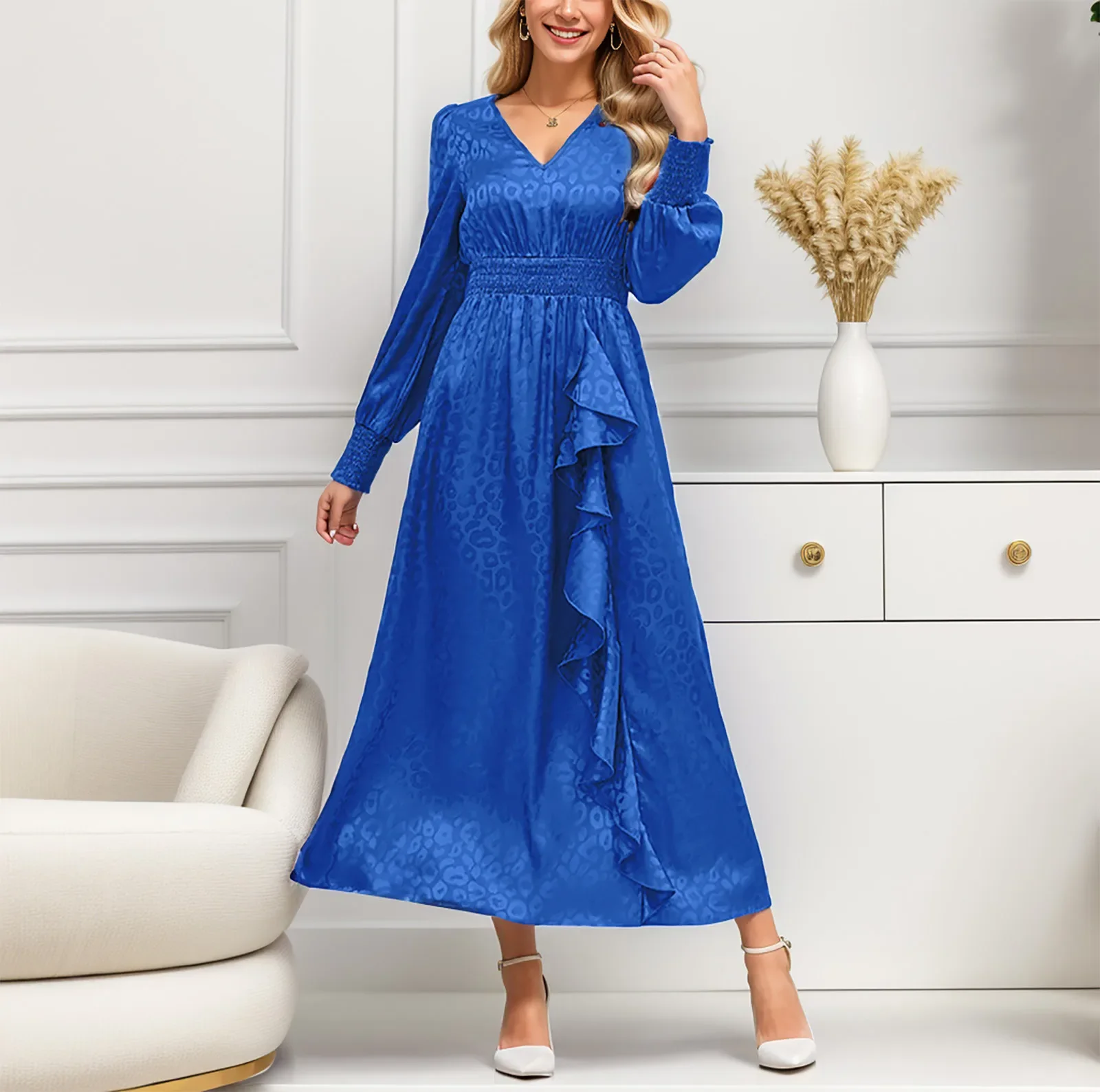 

New Women Autumn Winter V Neck Long Sleeve Belt Solid Color Pleated Dress For Ladies Fashion High Waist Dress Vestidos Female