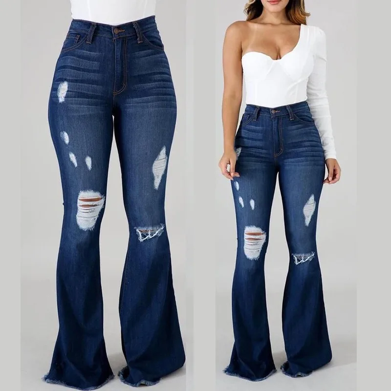 

European American Style Stretchy Distressed High-Waisted Flare Jeans Women's Full-Length Denim Pants for Casual Daily Wear