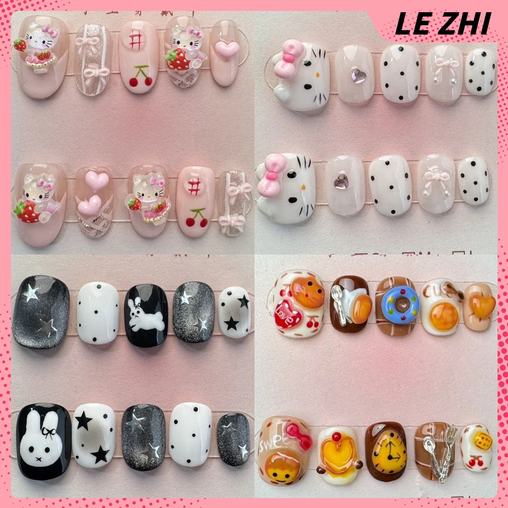 

Kawaii Cartoon Sanrio Hello Kitty Short Square Round Handmade Press On Nails Polka Dot Bow Bread Detachable False Nails Gifts