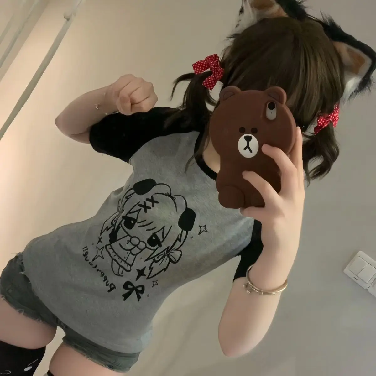 Original Japanese All Match Cute Black Gray Color Blocking Raglan Short-sleeved T-shirt Summer New Slim Fit Sweet Cool T Shirt