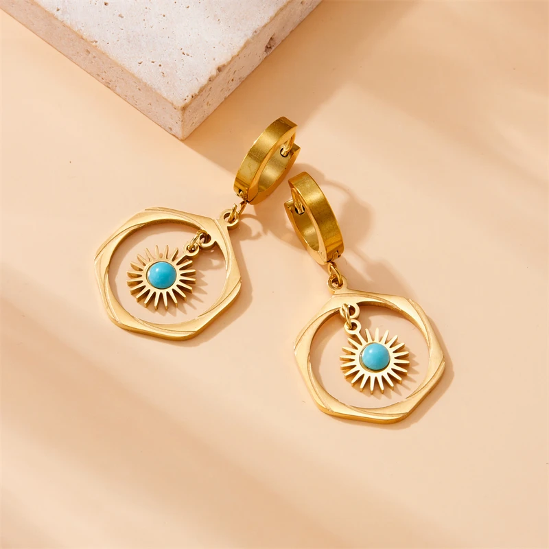 DIEYURO 316L Stainless Steel Vintage Round Pendant Hollowed Out Turquoise Earrings Women Girl Gift Fashion Jewelry Set bijoux