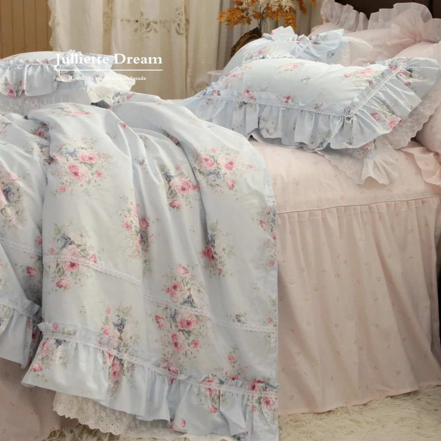 Romantic Lace Floral Princess Bedding Set Ruffle Duvet Cover with Bed Skirt Fresh Feminine Bedroom Decor All-Season Luxury