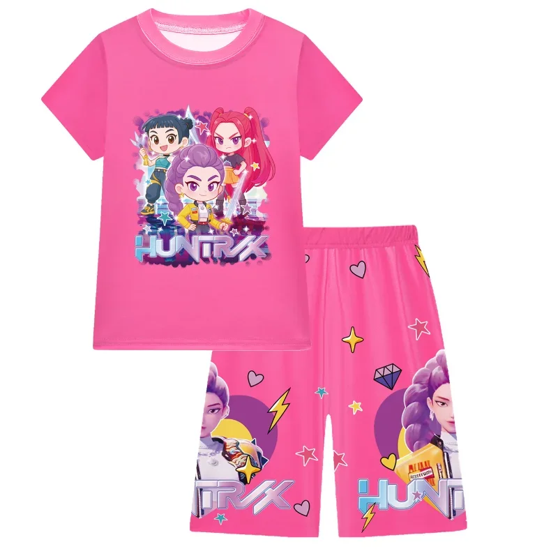 2 szt. Koszulki i szorty dla dzieci K-Pops Demons Hunters z nadrukiem 3D, bluzki, t-shirty, chłopięce i dziewczęce, codzienne koszulki z krótkim rękawem, odzież do spania dla dzieci