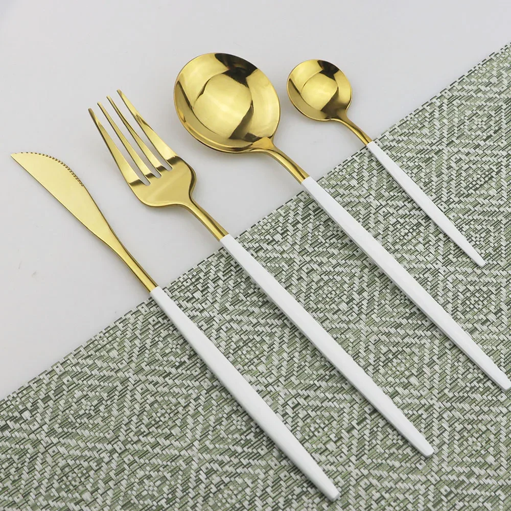 36Pcs White Gold Cutlery Sets Stainless Steel Tableware Dinnerware Set Cake Fruit Forks Coffee Spoon Knife Flatware Set Kitchen