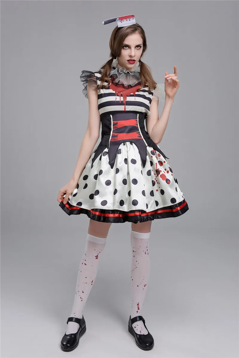 Women's Bloody Horror Clown Zombies Costume Halloween Party Cosplay Fancy Dress