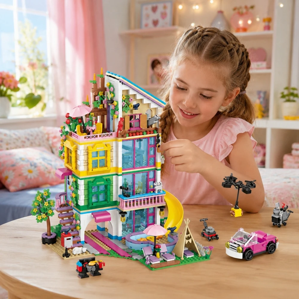 Friends Beach Villa Building Blocks, 1310Pcs Colorful Heart House Princess Castle Street View, DIY Girls Children Day Gift
