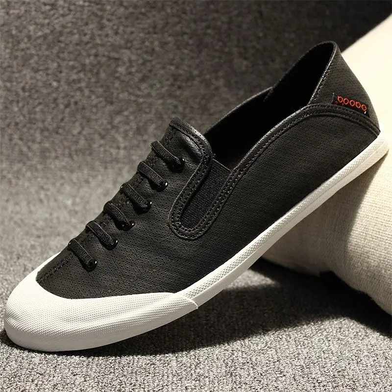 Men\'s Vulcanize Shoes Sports Breathable Leather Loafers Leisure Lightweight One Kick Flat Sneakers Male Thin Non-leather on Sale