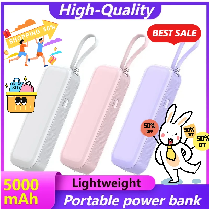 

Plug Power Bank 5000mAh Portable Charger with Built-in Cable PD20W Charger Three-in-one Energy Bar