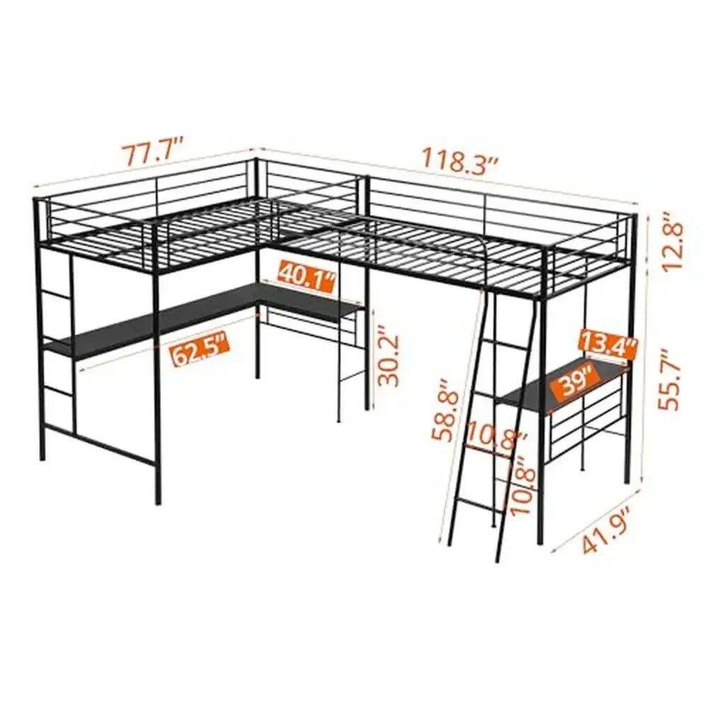 Metal L-Shaped Loft Bed with Twin Size 2 Built-in Desks 2 Ladders Safety Guard Rail Heavy-Duty Bunk Bed Kids Space Saving Design