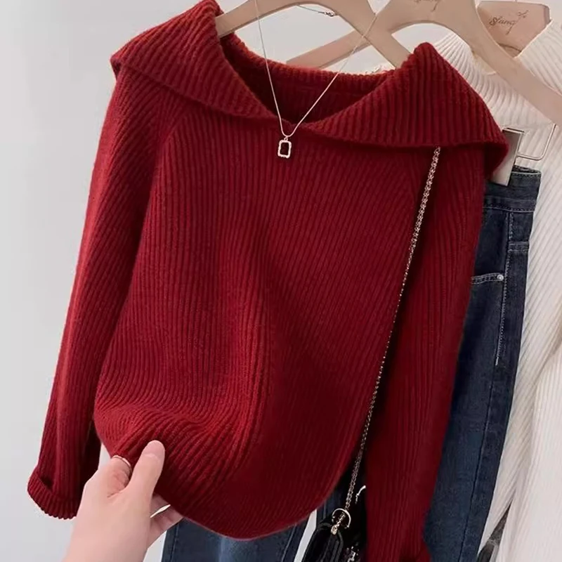 Красный темно-синий свитер с воротником, женский зимний новый Sle Lazy Faion, мягкий уютный вязаный топ, длинный длинный свитер из полиэфирного волокна...