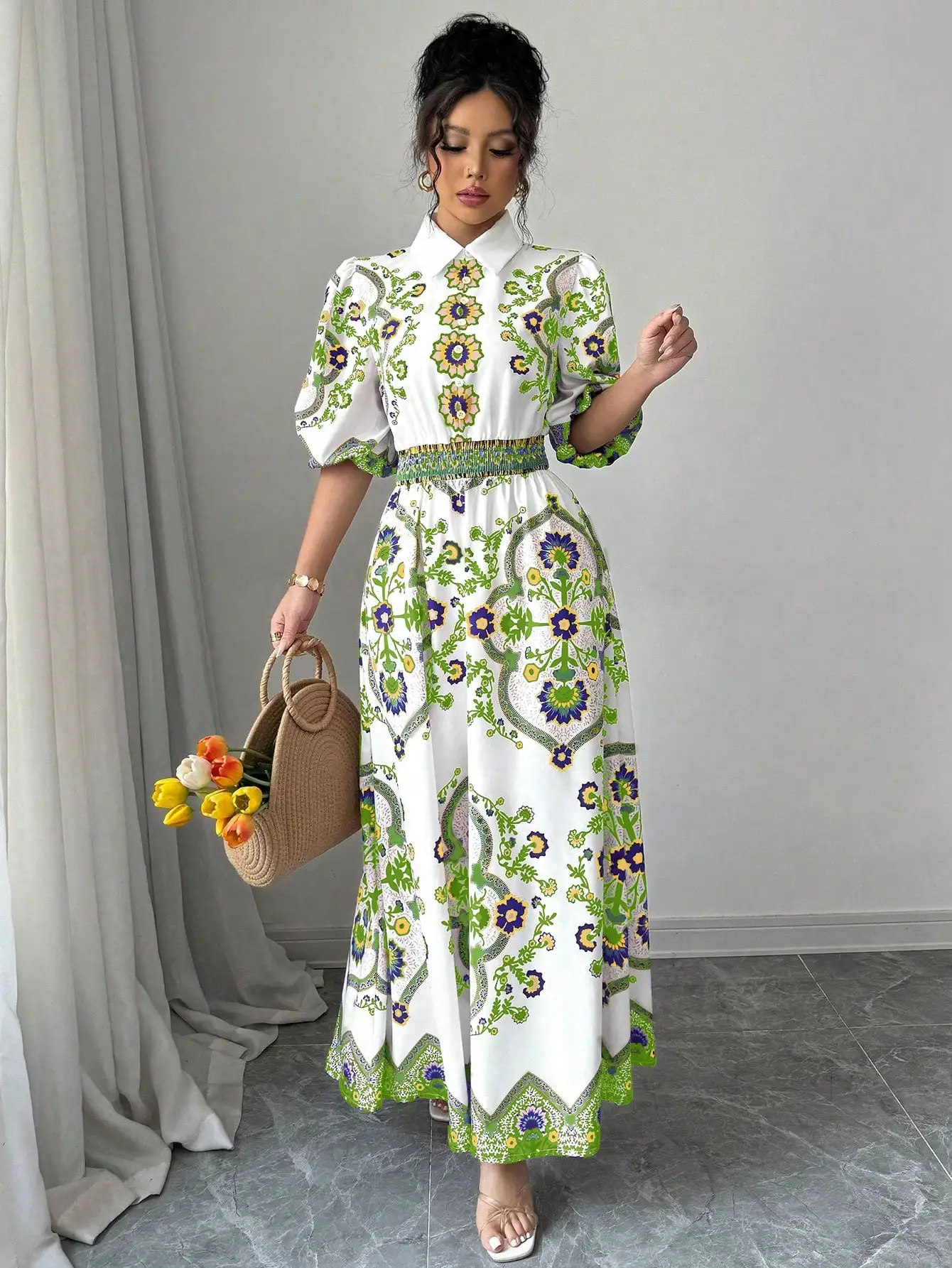 

Винтажное женское платье-рубашка с цветочным тотемным принтом, элегантное, с отложным воротником, пышными рукавами, завышенной талией, длинное, для пляжного отдыха